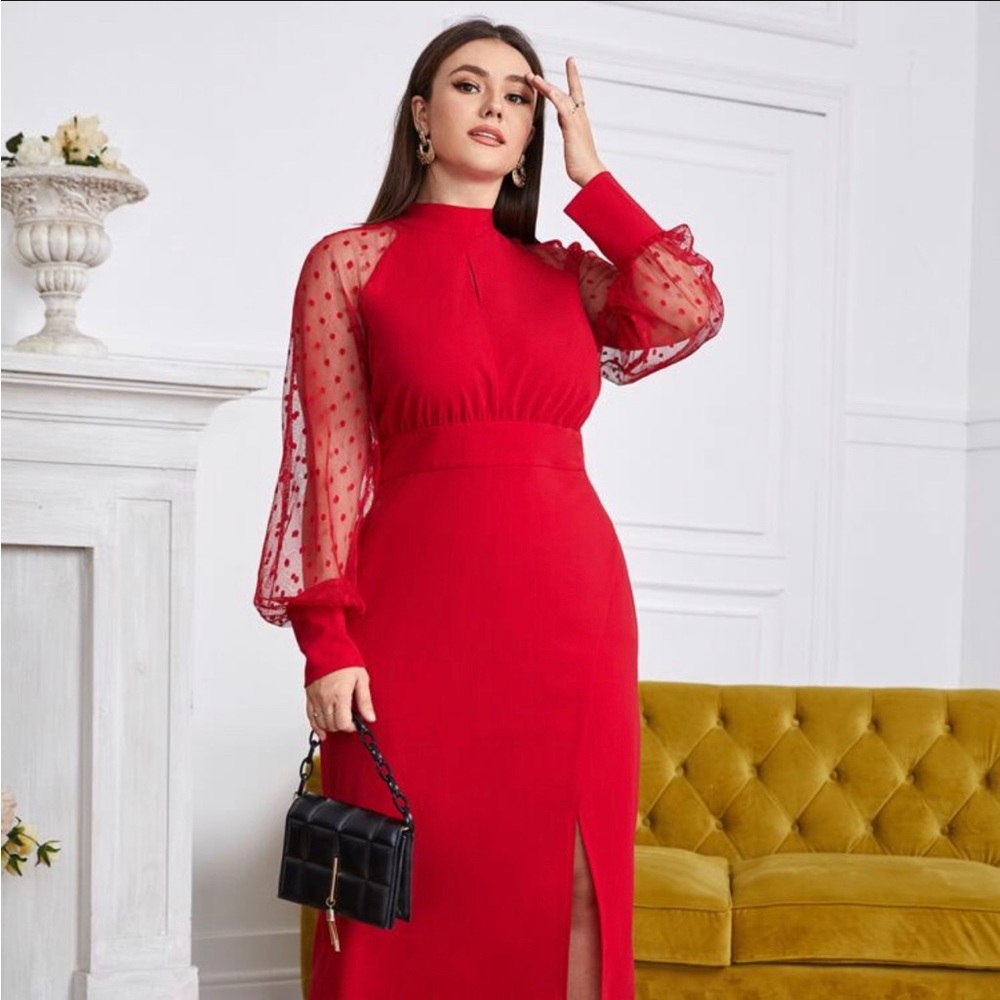 SHEIN Modely Plus Dobby Mesh Sleeve Split Hem Peekaboo Dress